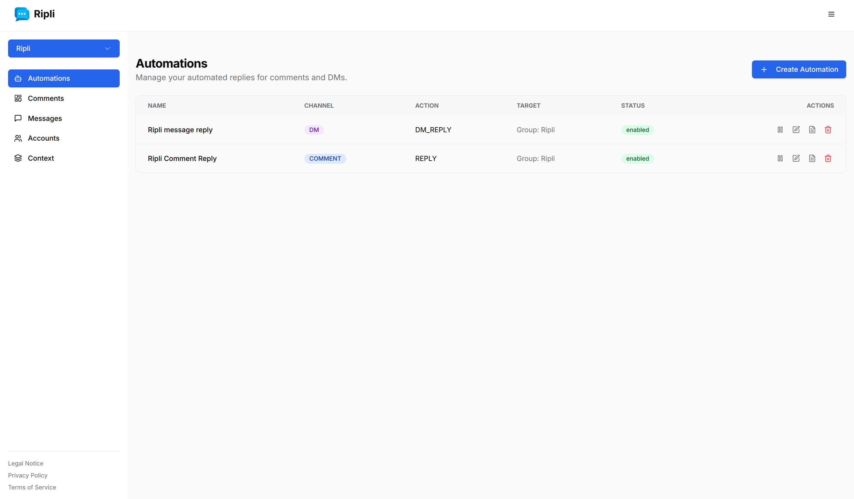 Ripli Dashboard — Automations